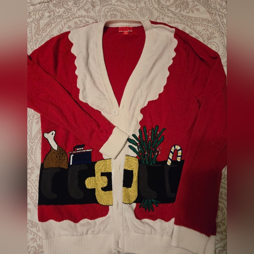 Festive Red and White Santa Cardigan, Men's Medium